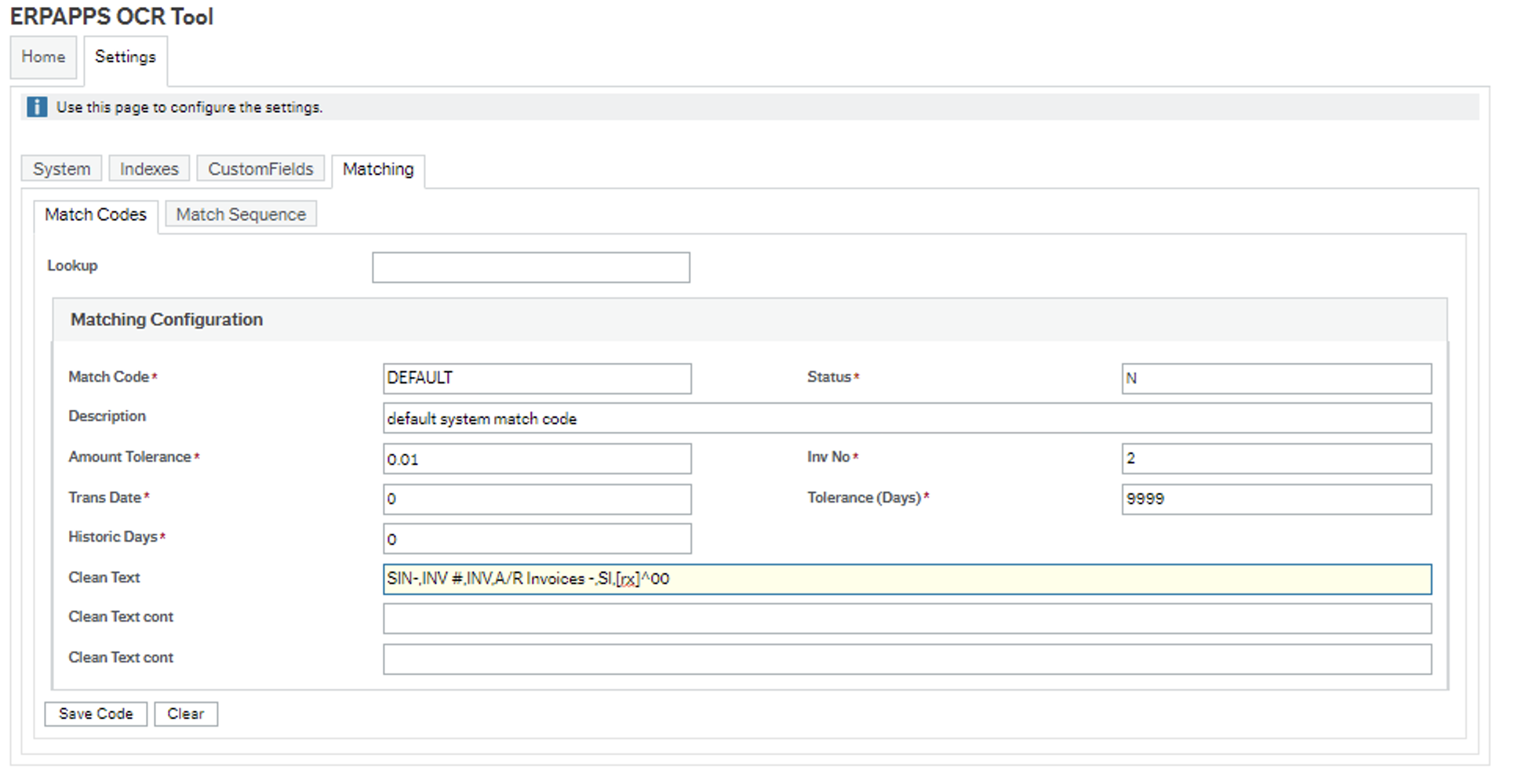 image showing the match code screen