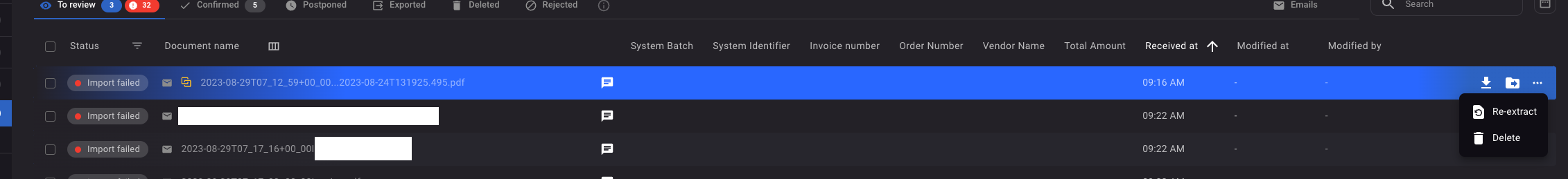 A screenshot of rossum showing the re-extract button